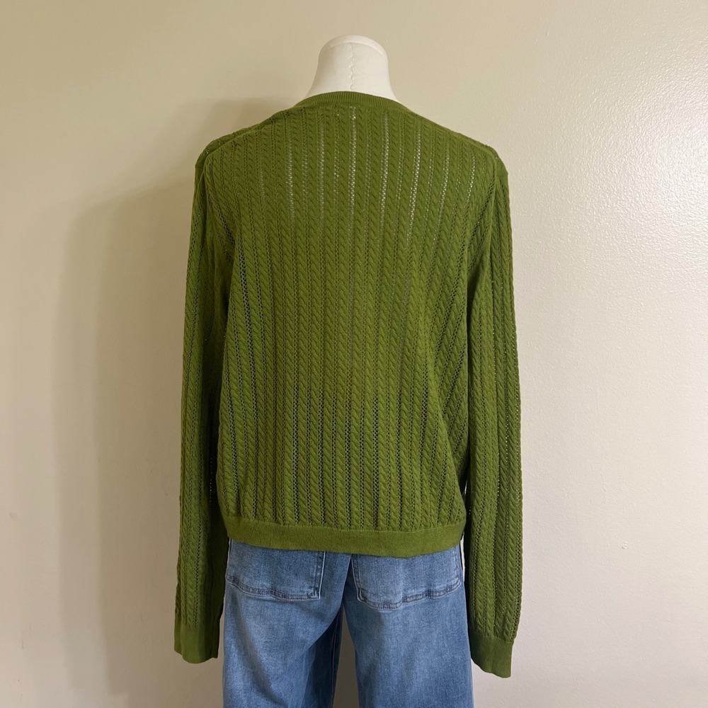 Gap Green Pointelle Cable Knit Button Front Cardigan Sweater Crew Neck Large - Picture 4 of 7